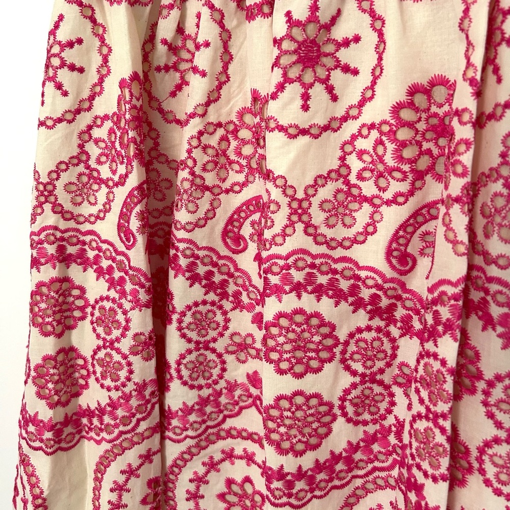 NWOT Sunday Up pink embroidered midi dress eyelet ruffle feminine cream smocked - Picture 3 of 6